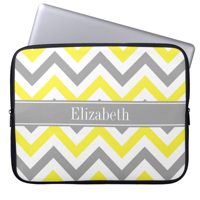 Yellow Dk Grey White LG Chevron Grey Name Monogram Laptop Sleeve (Front)