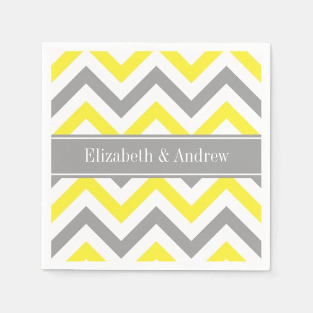 Yellow Dk Grey White LG Chevron Grey Name Monogram Napkin (Front)