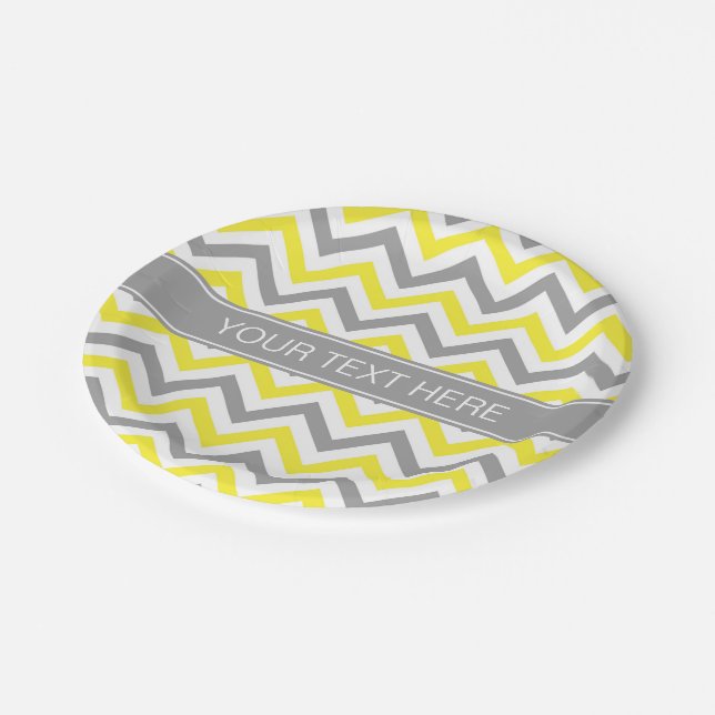 Yellow Dk Grey White LG Chevron Grey Name Monogram Paper Plate (Angled)