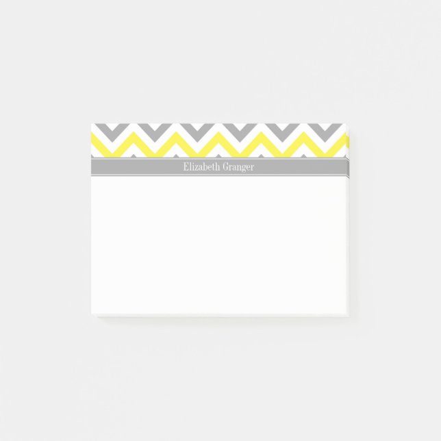 Yellow Dk Grey White LG Chevron Grey Name Monogram Post-it Notes (Front)