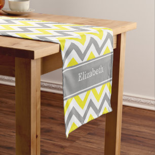 Yellow Dk Grey White LG Chevron Grey Name Monogram Short Table Runner