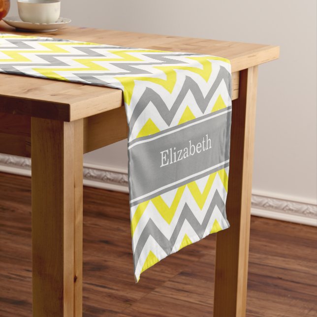 Yellow Dk Grey White LG Chevron Grey Name Monogram Short Table Runner (In Situ)