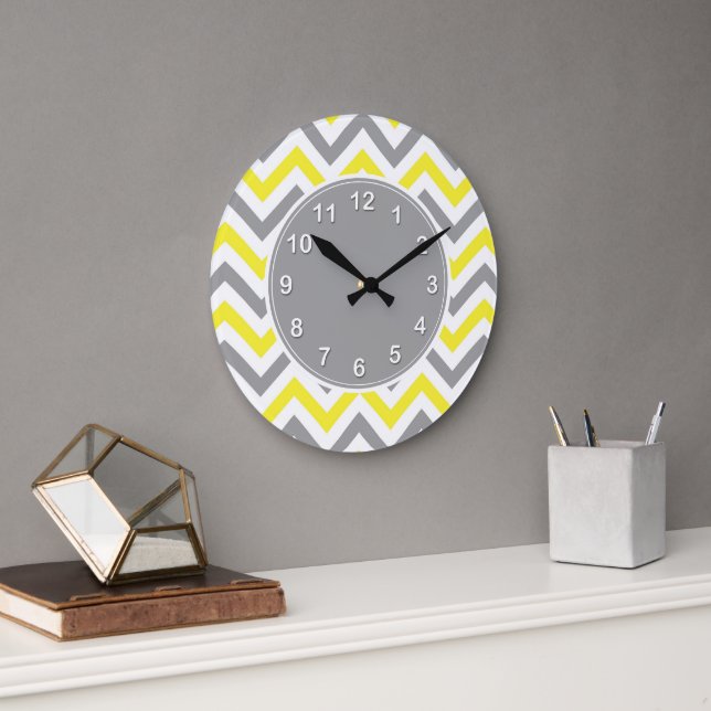 Yellow, Dk Grey Wht Large Chevron ZigZag Pattern Clock (Office)