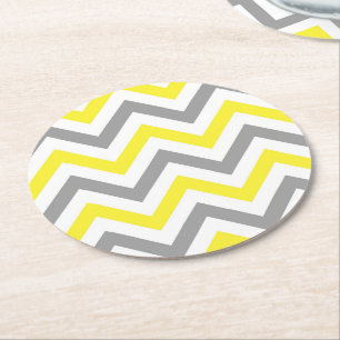 Yellow, Dk Grey Wht Large Chevron ZigZag Pattern Round Paper Coaster