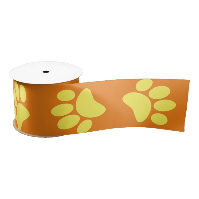 Yellow Dog Paw Prints All Over Orange Satin Ribbon (Spool)