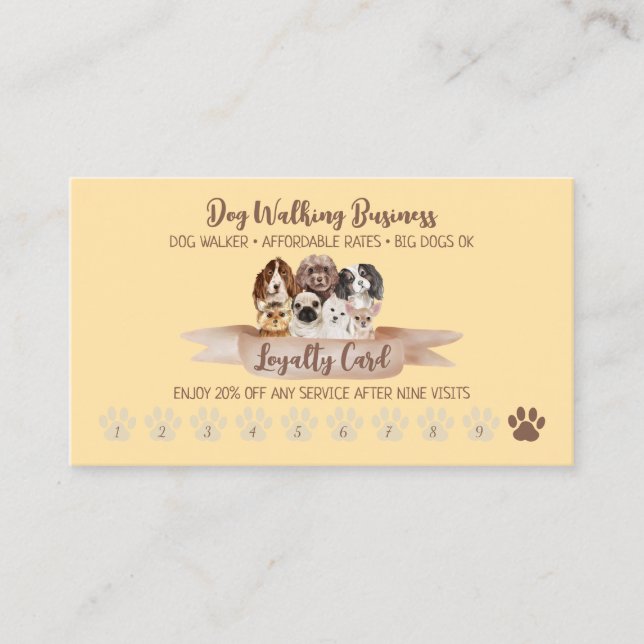 Yellow Dog Walker Loyalty Discount Paw Business Card (Front)