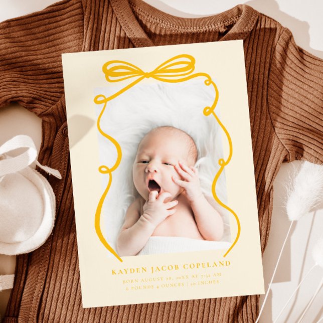 Yellow Doodle Bow Frame Birth Announcement Photo (Creator Uploaded)