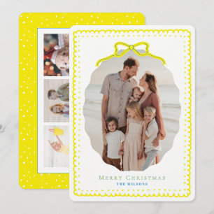 Yellow Doodle Frames & Bow 4 Photo Christmas Holiday Card
