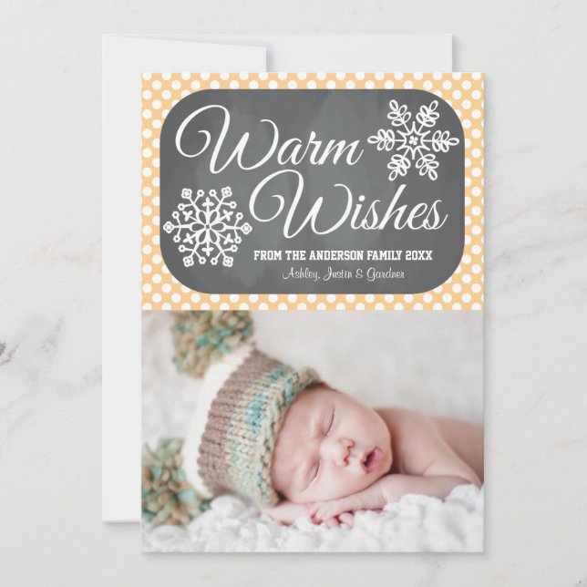 Yellow Dot Chalkboard Snowflake Holiday Photo Card (Front)