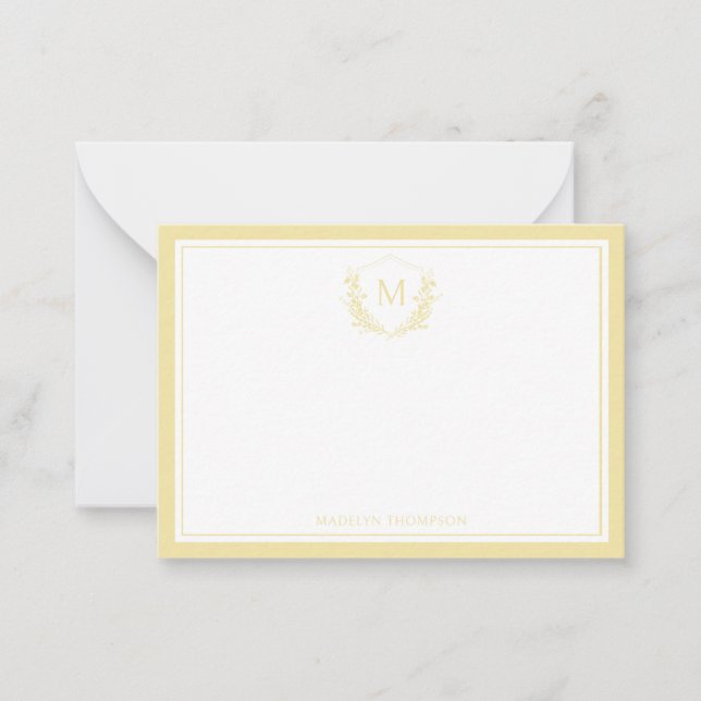 Yellow Double Border Floral Crest Classic Monogram Card (Front)
