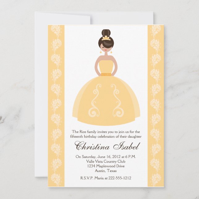 Yellow Dress Brunette Quinceanera Invitations (Front)