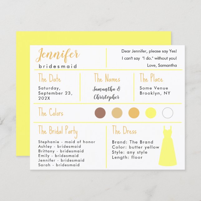 Yellow Dress Colour Bridesmaid Information Card (Front/Back)