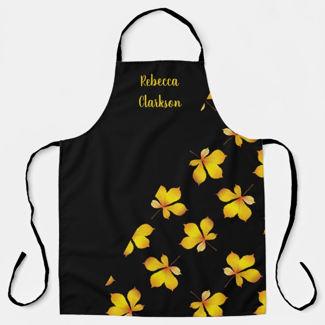 Yellow dry leaves custom name black apron (Front)