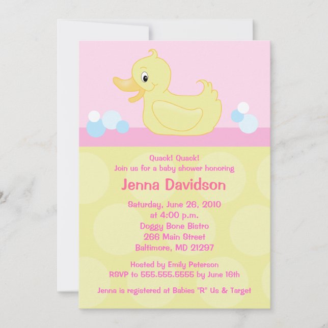Yellow Duck 5x7 Baby Shower Invitation - Pink (Front)