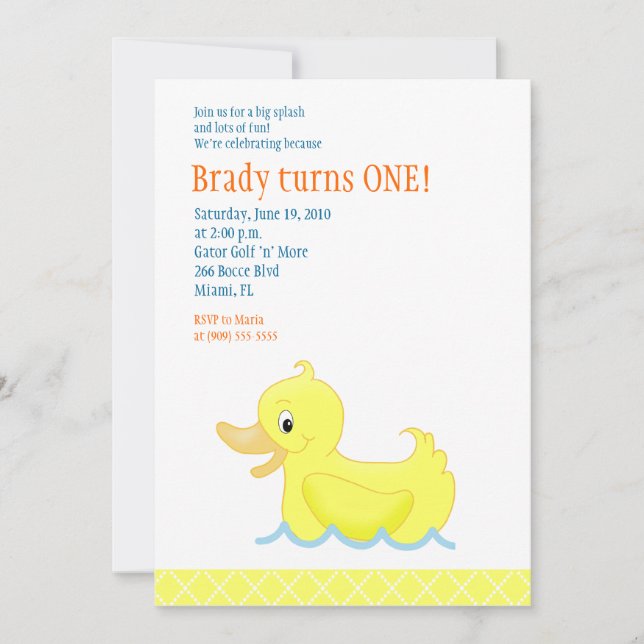 Yellow Duck 5x7 Birthday Invitation - Yellow (Front)