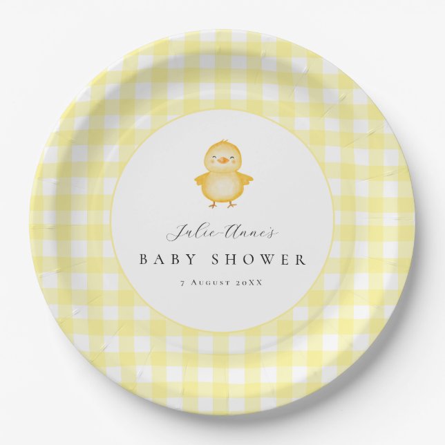 Yellow Duck Gingham Baby Shower Paper Plates (Front)