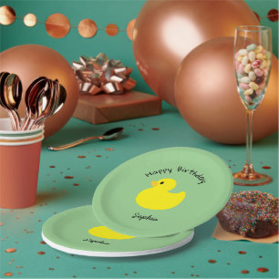 Yellow Duck Happy Birthday Green Color Paper Plate