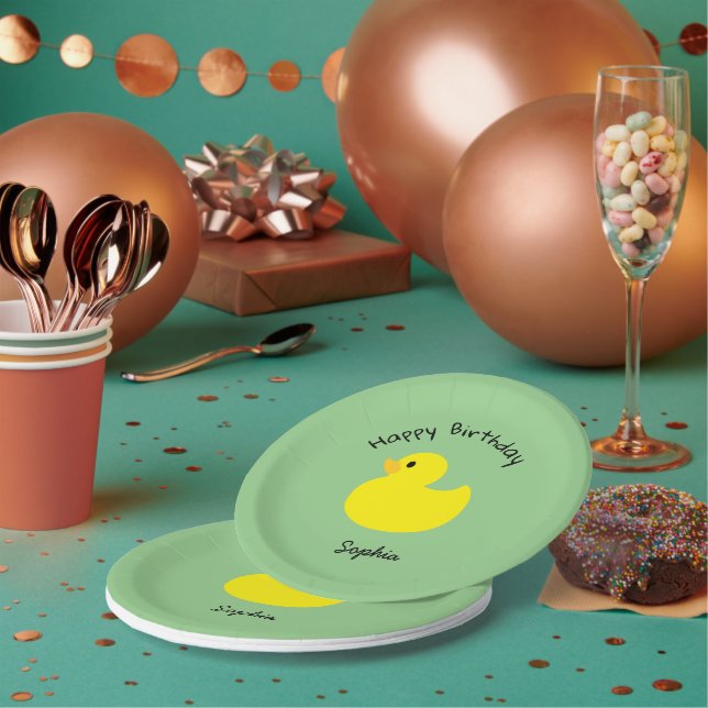 Yellow Duck Happy Birthday Green Colour Paper Plate (Multi)