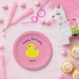 Yellow Duck Happy Birthday Pink Colour Paper Plate