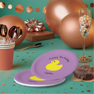 Yellow Duck Happy Birthday Violet Colour Paper Plate