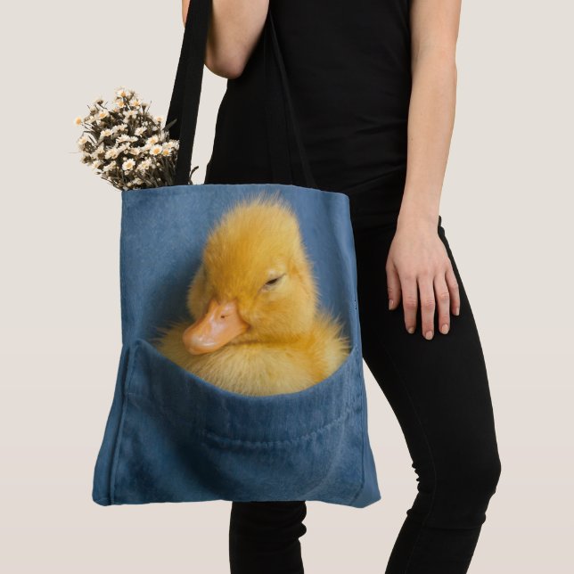 Yellow Duckling In a Blue T-shirt Pocket Tote Bag (Close Up)