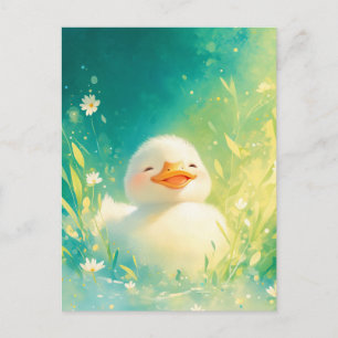 Yellow Duckling in Sunny Daisy Pond Meadow Postcard