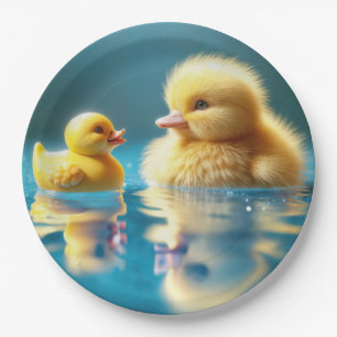 Yellow Duckling With a Toy Rubber Duck Paper Plate
