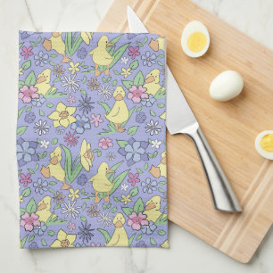Yellow Ducklings Colourful Flowers Purple Spring Kitchen Towel