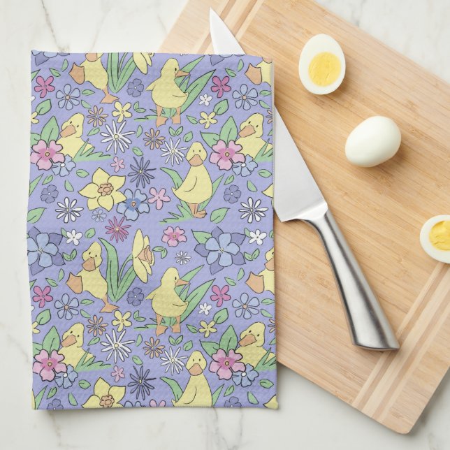 Yellow Ducklings Colourful Flowers Purple Spring Kitchen Towel (Quarter Fold)