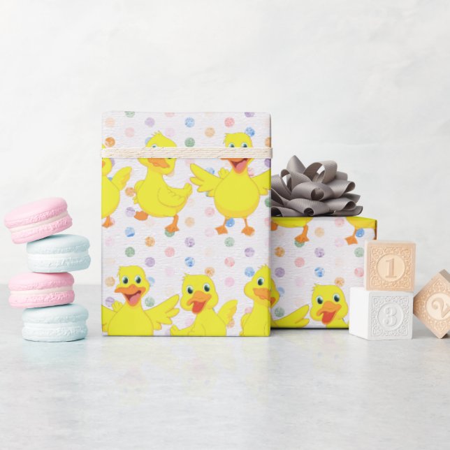 Yellow Ducks on Polka Dots Wrapping Paper (Baby Shower)