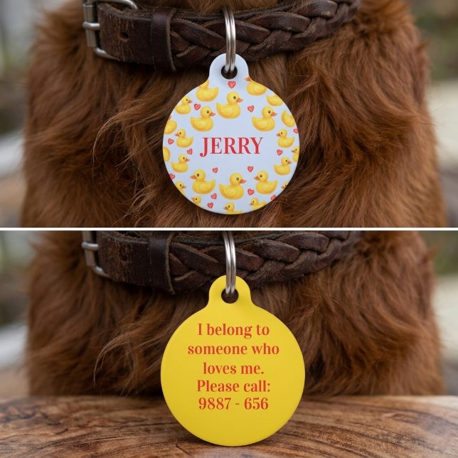 Yellow Ducks & Red Hearts Personalized Pet ID Tag (Creator Uploaded)