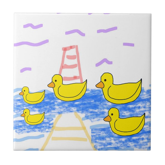 Yellow Ducks Red Lighthouse and Pier Ceramic Tile (Front)