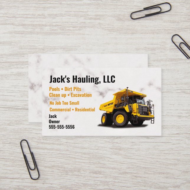 Yellow Dump Truck Business Card (Front/Back In Situ)