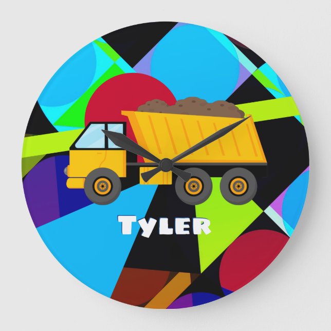 Yellow Dump Truck, Geometric Shapes, Child's Name Large Clock (Front)