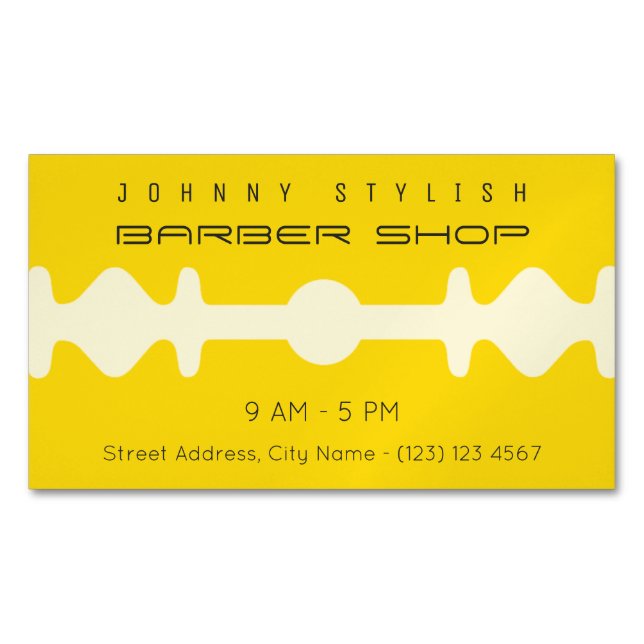 Yellow duo tone razor blade shape frame cover 	Magnetic business card (Front)
