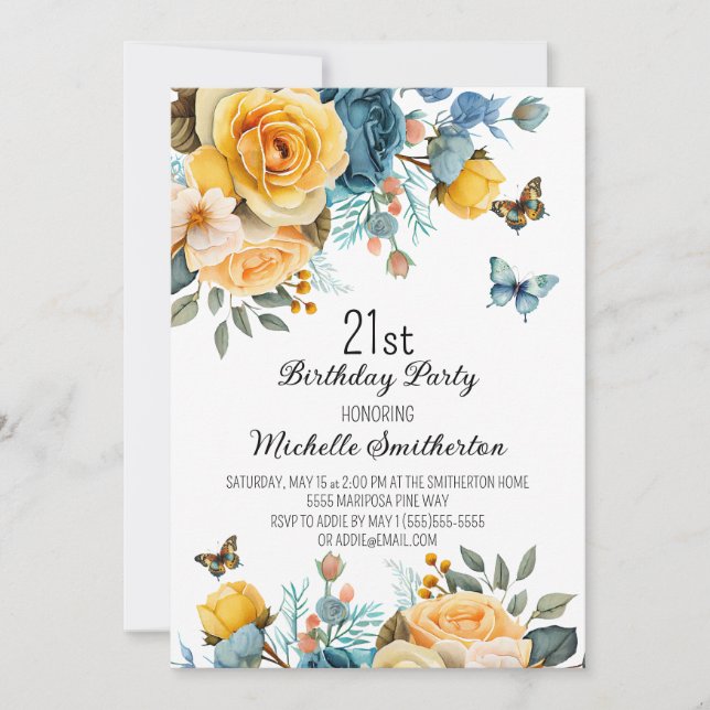 Yellow Dusty Blue Roses Butterflies 21st Birthday Invitation (Front)