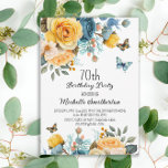 Yellow Dusty Blue Roses Butterflies 70th Birthday Invitation<br><div class="desc">70th birthday party invitation with beautiful yellow and dusty blue roses with cream-coloured floral and butterflies. These invitations can be customized for anyone of any age. Contact me for assistance with your customizations or to request additional matching or coordinating Zazzle products for your celebration.</div>