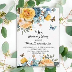 Yellow Dusty Blue Roses Butterflies 70th Birthday Invitation