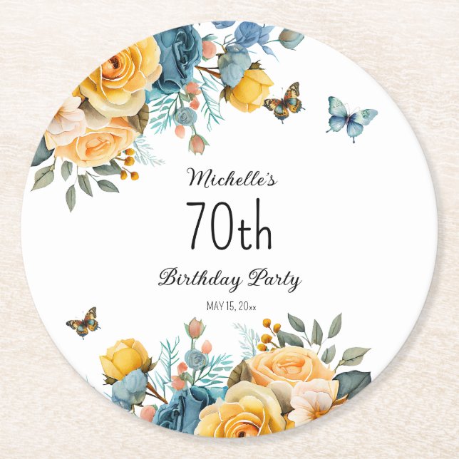 Yellow Dusty Blue Roses Butterflies 70th Birthday Round Paper Coaster (Front)