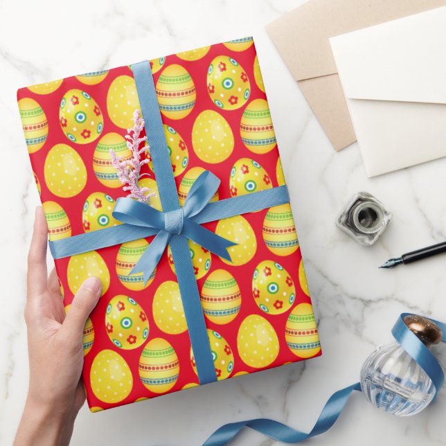 Yellow Easter Eggs On Red Wrapping Paper (Gifting)