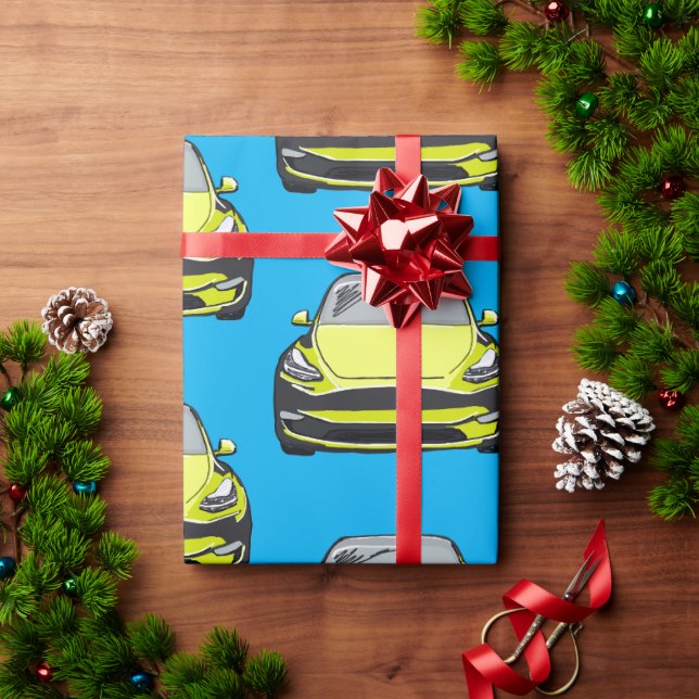 Yellow Electric Vehicle SUV Car Blue Background Wrapping Paper (Holiday Gift)