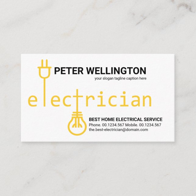 Yellow Electrician Bulb Power Plug Circuit  Business Card (Front)