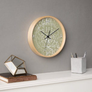 Yellow Elegant Flourish Monogram Clock