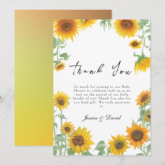 Yellow Elegant Sunflower Sunny Baby Shower Thank You Card (Front/Back)