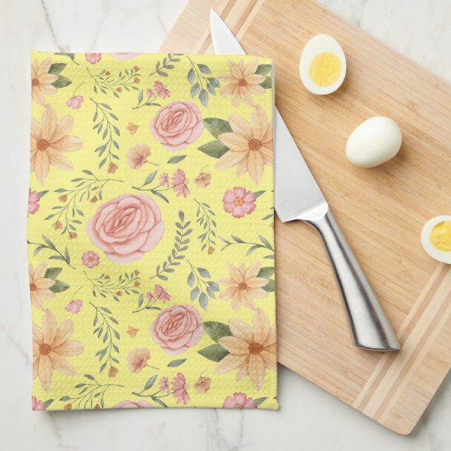 Yellow Elegant Vintage Wildflower Pattern  Kitchen Towel (Quarter Fold)