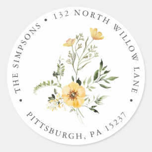 Yellow Elegant Wildflower Greenery Return Address Classic Round Sticker