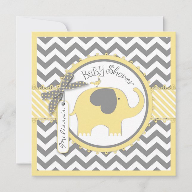 Yellow Elephant and Chevron Print Baby Shower Invitation (Front)