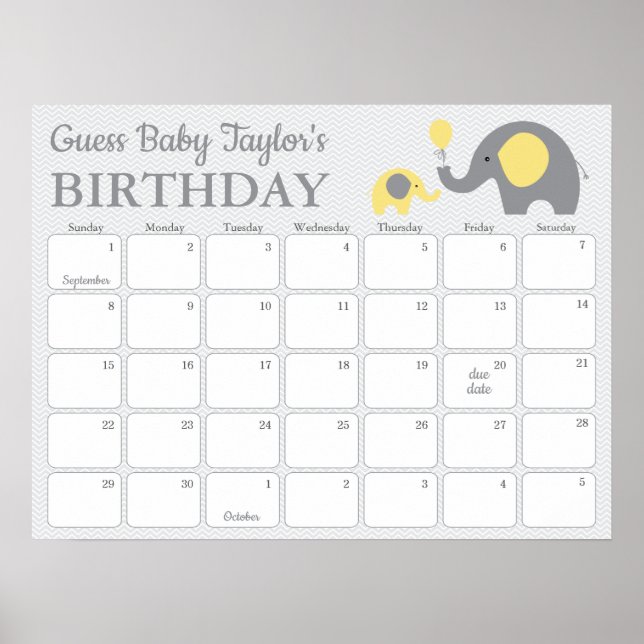 Yellow Elephant Baby Birthday Prediction Calendar Poster (Front)