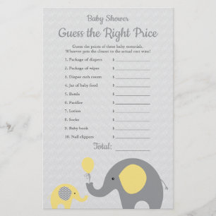 Yellow Elephant Baby Shower Price is Right Game Flyer