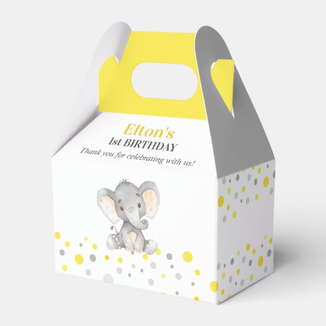 Yellow Elephant First Birthday Party Little Peanut Favor Box (Front Side)